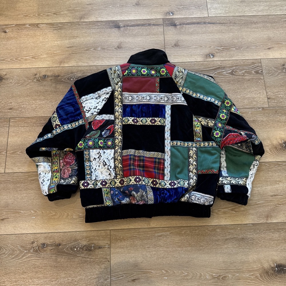 Vintage Preston York Bomber Jacket Women's‎ S Velour Patchwork 80s 90s Baroque - Picture 2 of 8